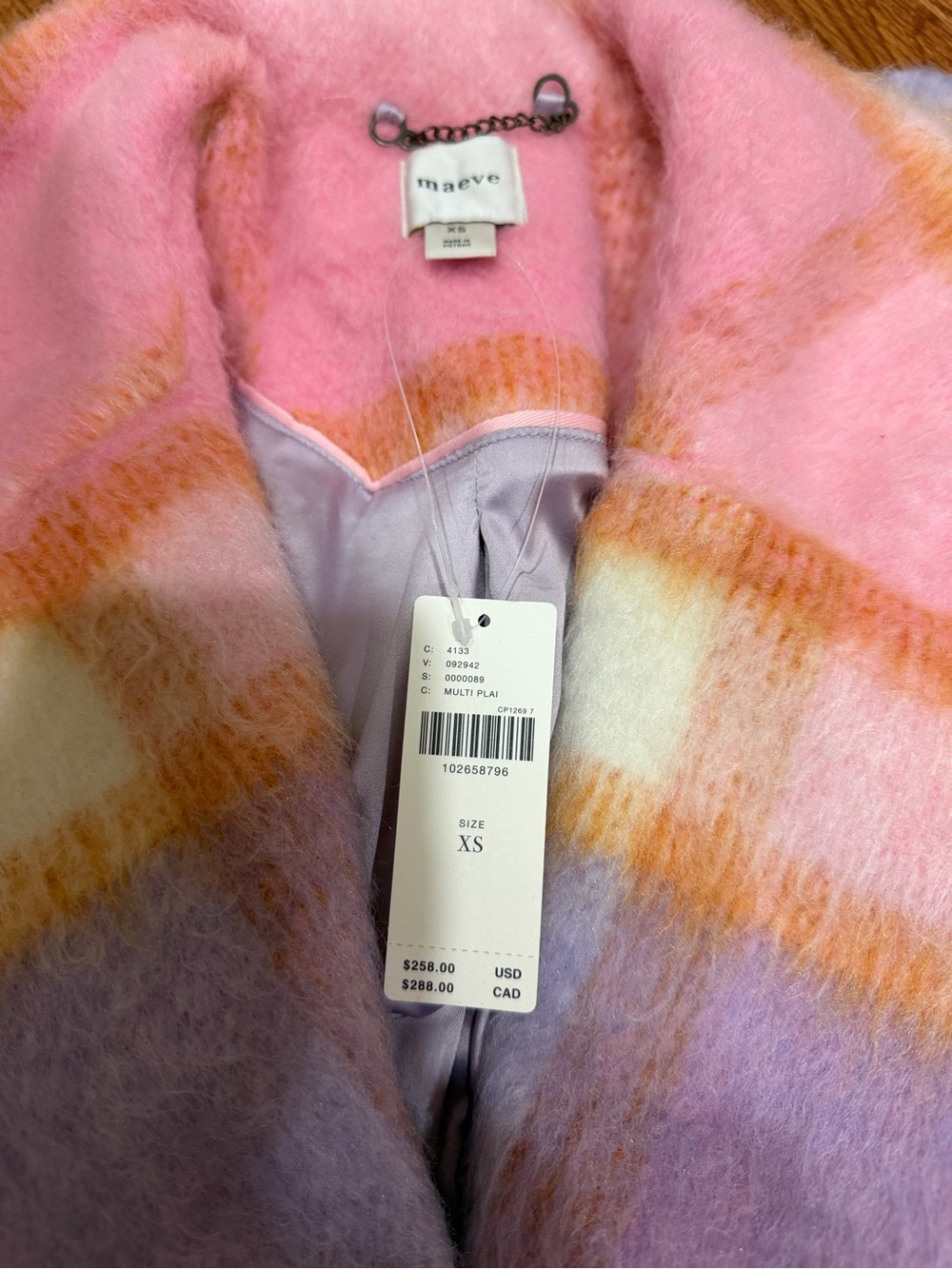 Anthropologie Maeve  Pastel Plaid Long Trench Coat in Pink, Lavender & Cream - Picture 7 of 7